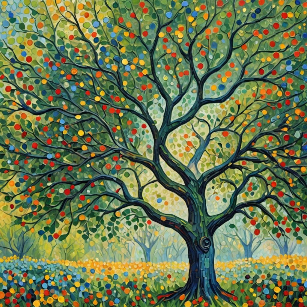 Whimsical Tree of Dots in Neo-Impressionist Style