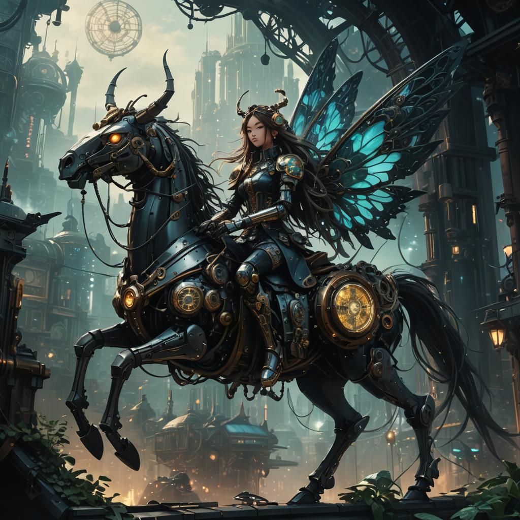 Steampunk Cyborg Rides Mecha Mount in Futuristic City