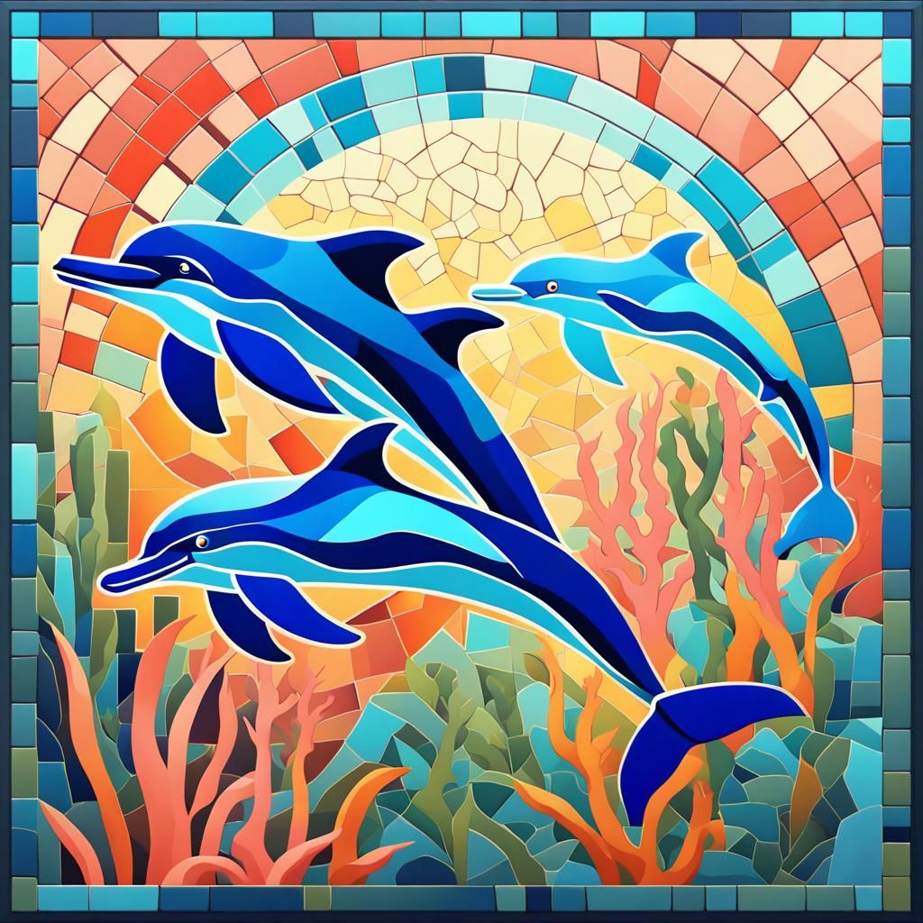 highly detailed, underwater scene of mosaic-designed dolphins with vibrant coral reefs