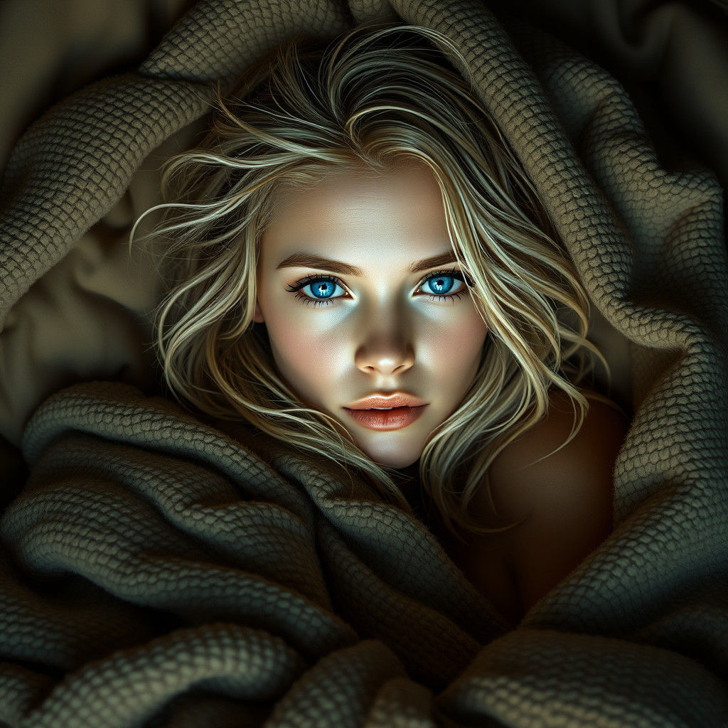 Blonde Woman with Blue Eyes in Bed, Dreamlike Art