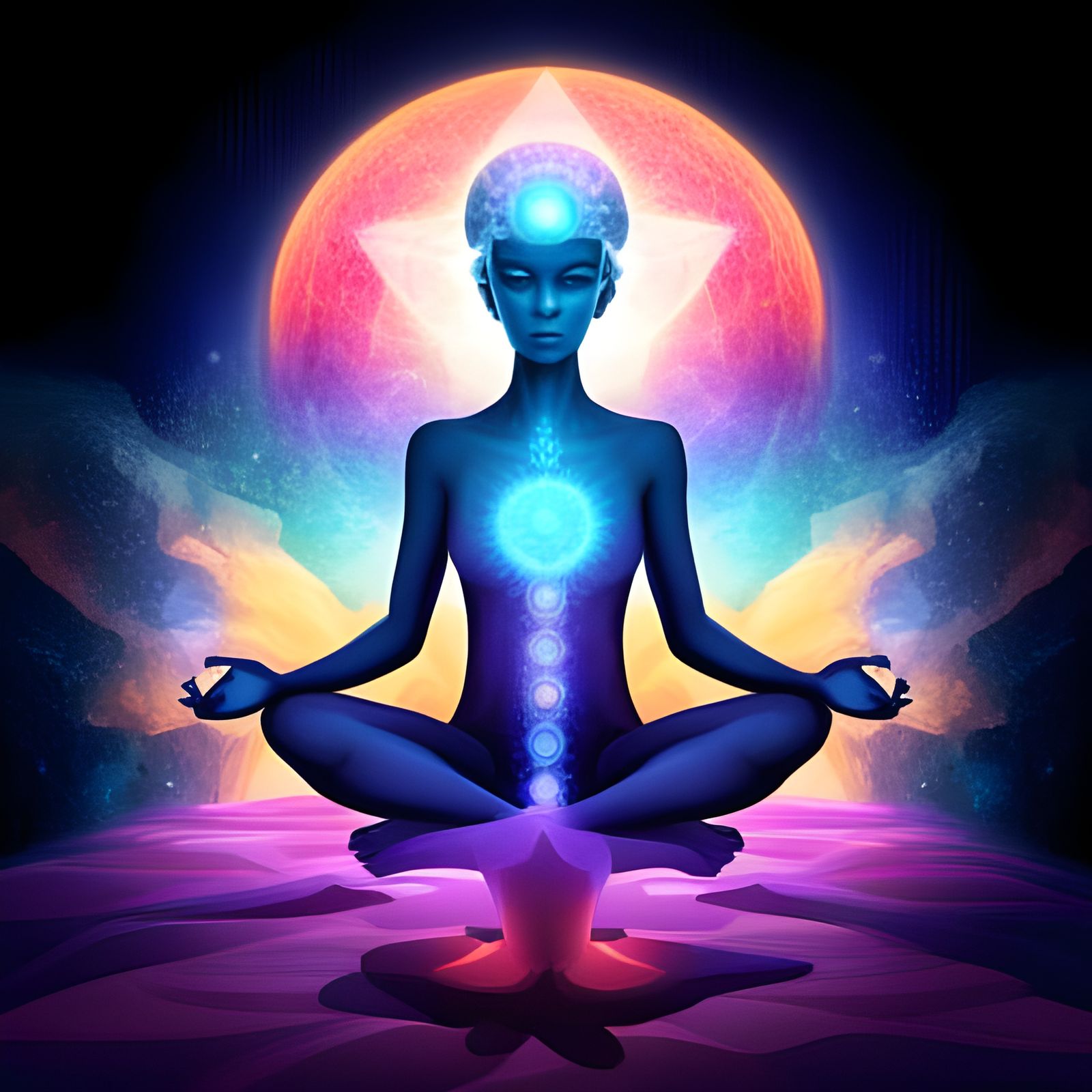 Blue Alien Meditating on Mushroom Cloud