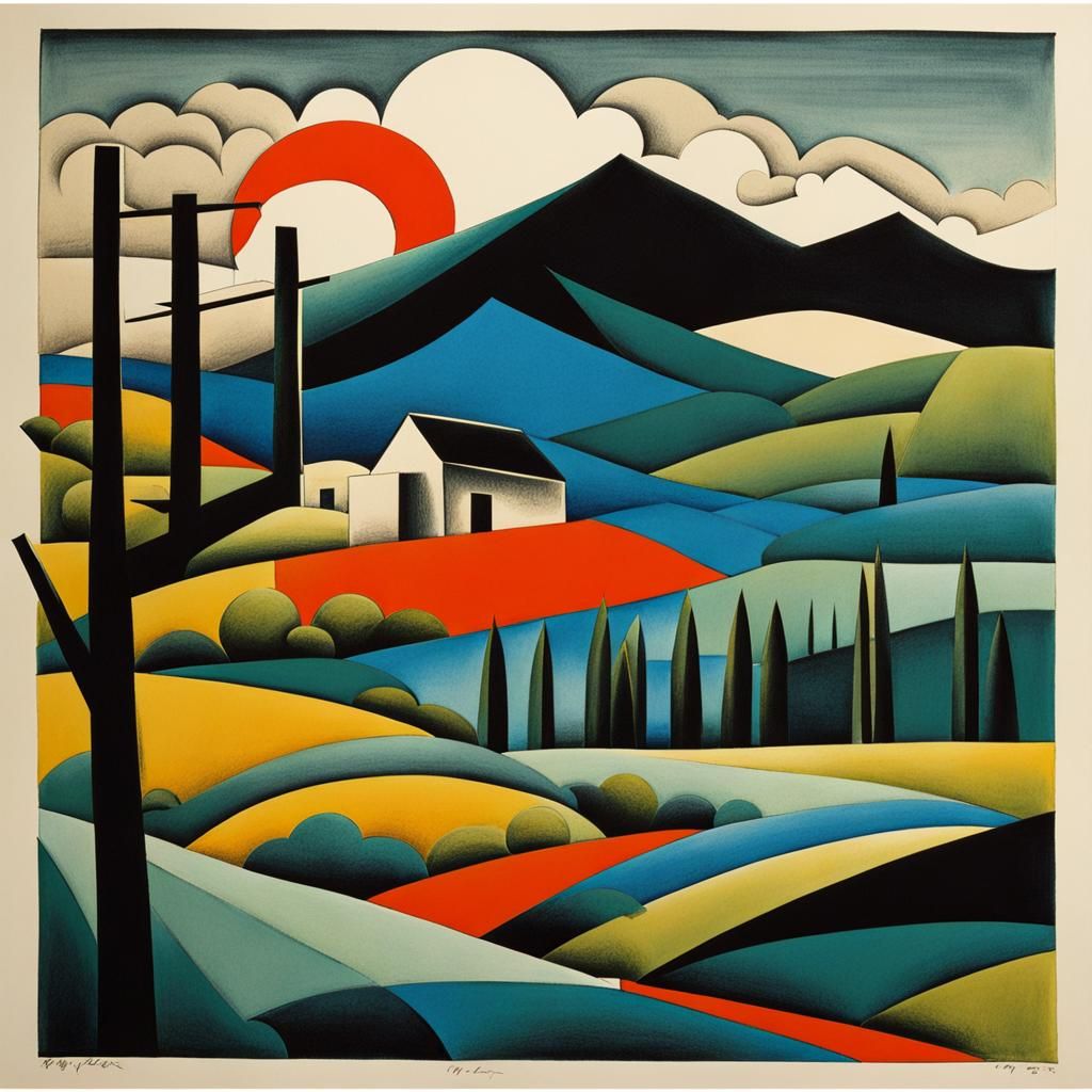 Cubist Japanese Ink Landscape in Picasso Style