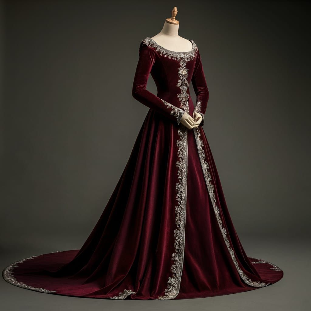 Elegant Medieval Gown with Silver Embroidery