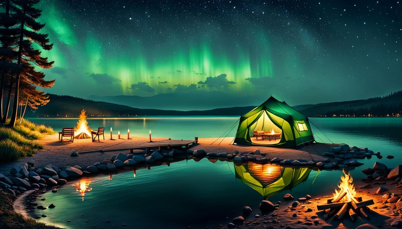 Lakeside Tent Under Starry Night Sky
