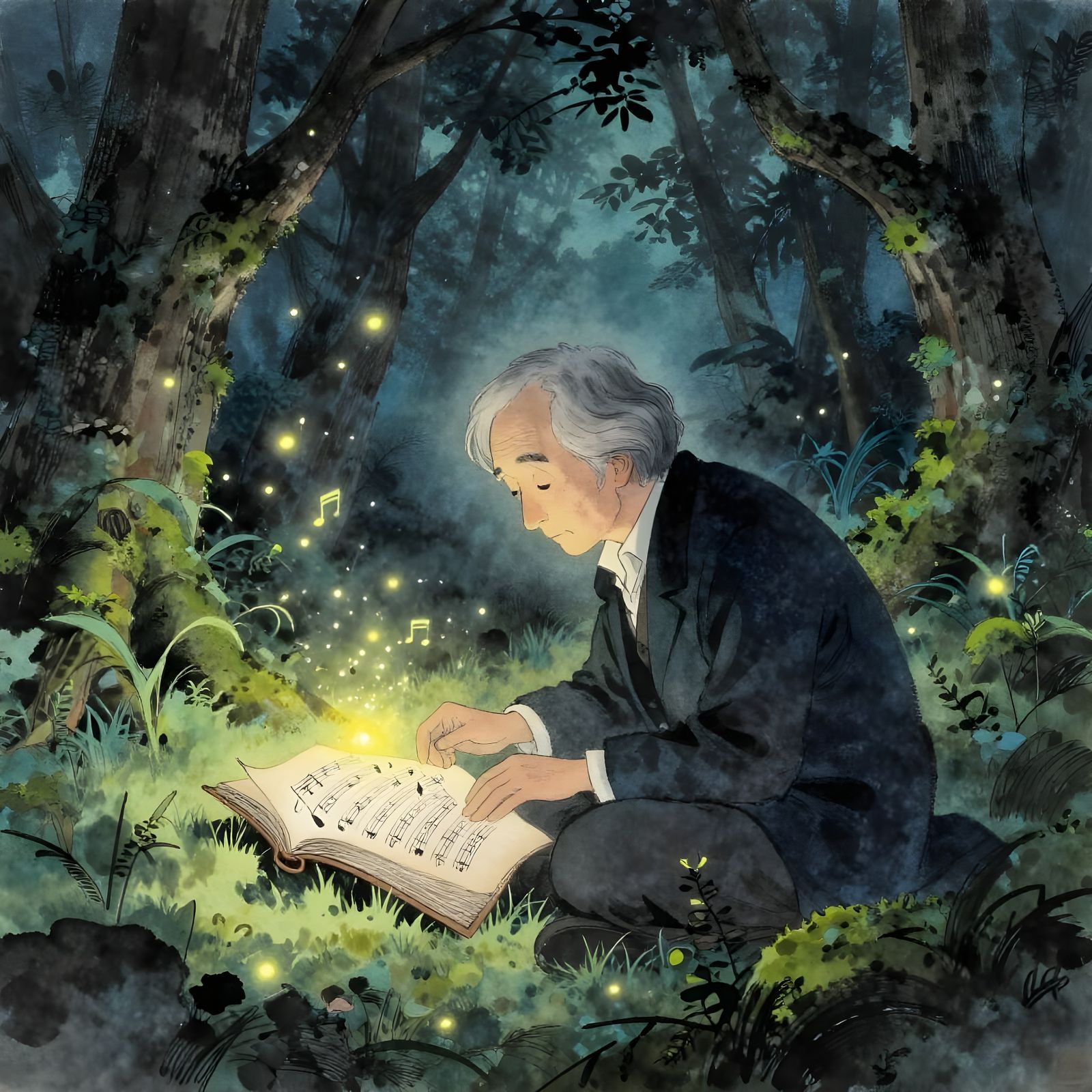 Ancient Composer Illuminated in Ethereal Forest Clearing