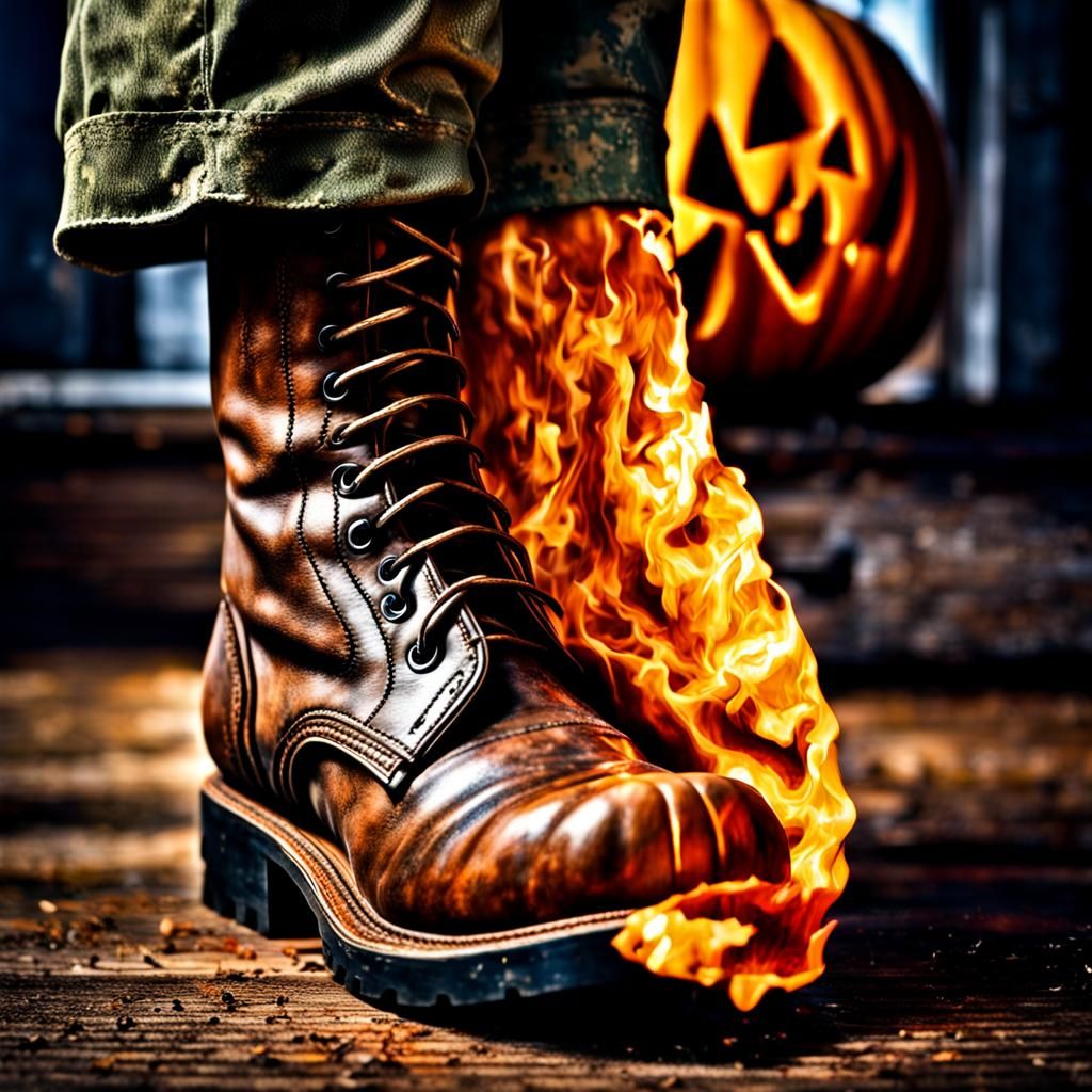 Military Boot Crushes Halloween Pumpkin in HDR