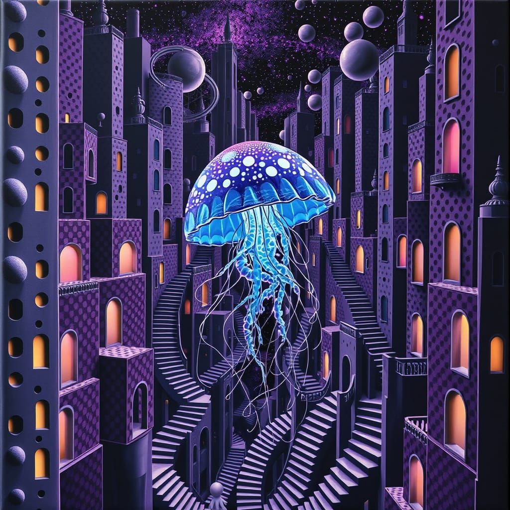 Bioluminescent Jellyfish in Escher City, Oil Painting