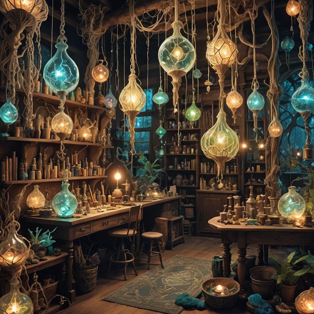 Enchanted Alchemy Lab with Bioluminescent Fungi