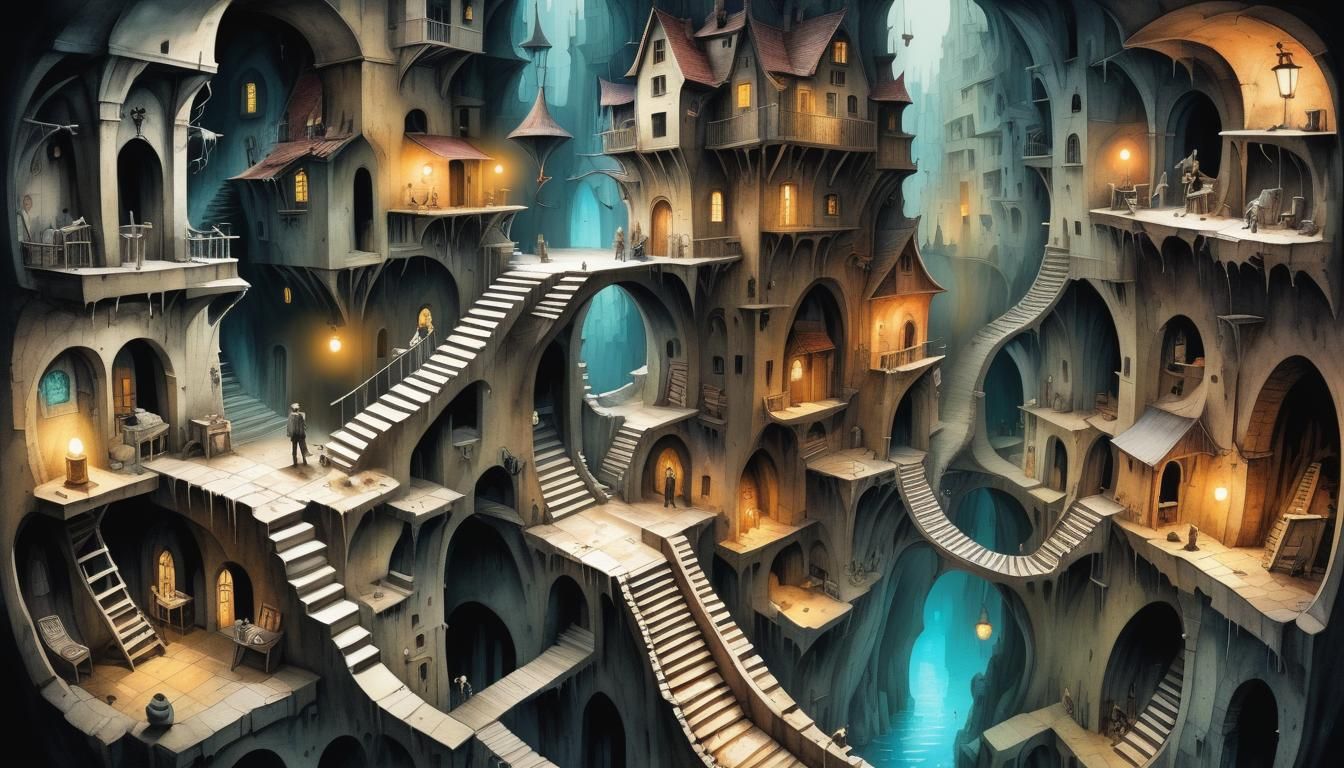 Gothic Castle Ukiyo-e with Underground City