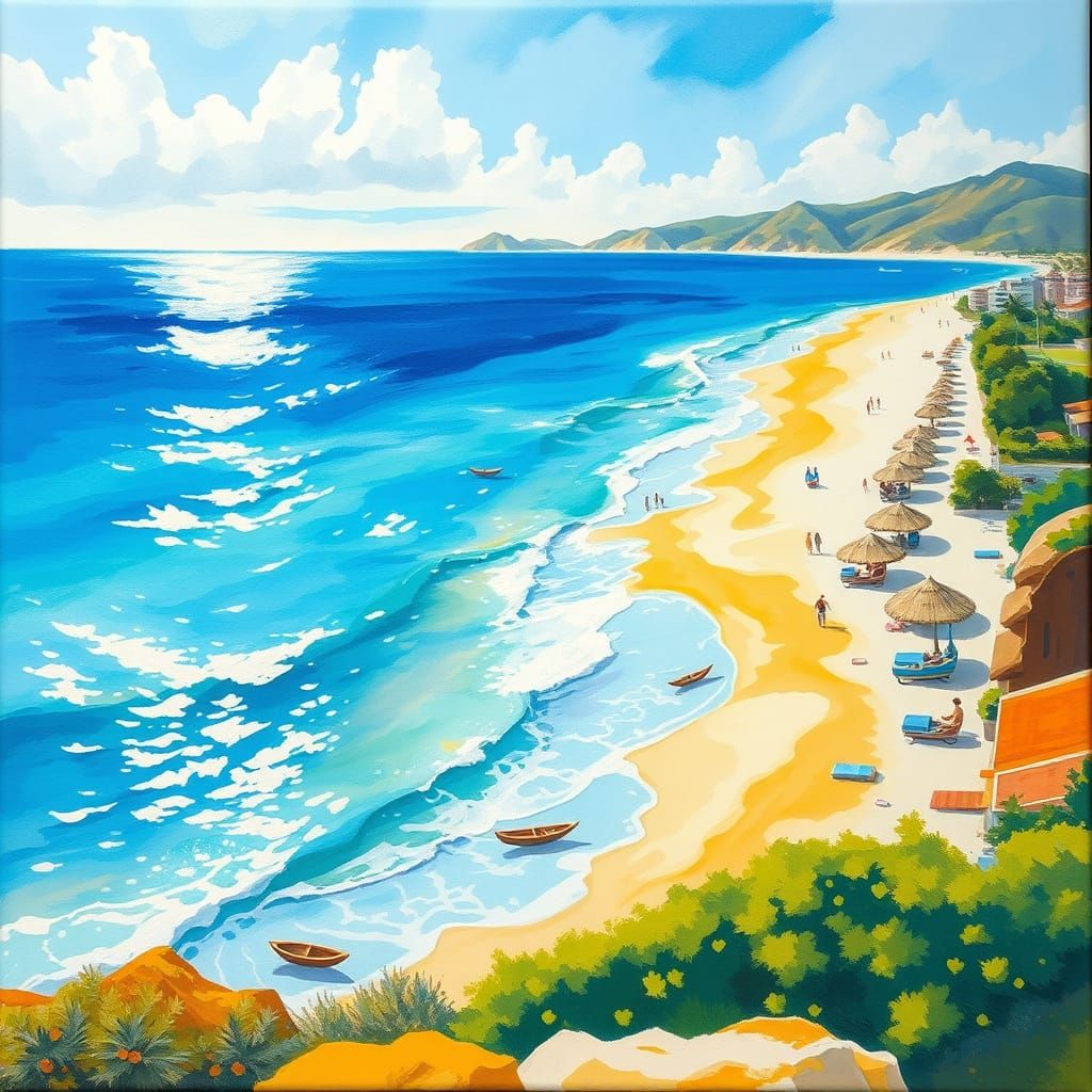 Vibrant Beachside Masterpiece in Impressive Gouache Style