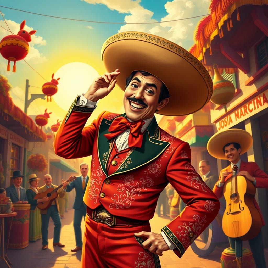 Jose Cantinflas in Vibrant Mexican Marketplace, Mural Style