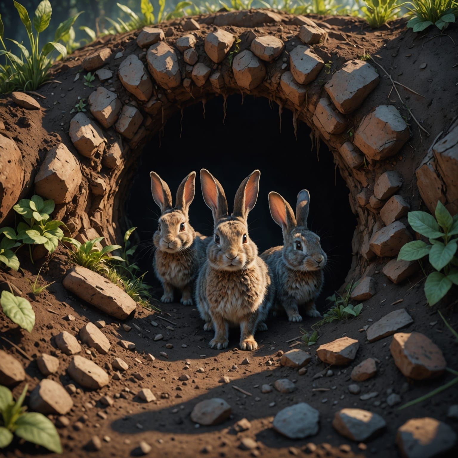 Family of Rabbits Emerge from Ground Hole