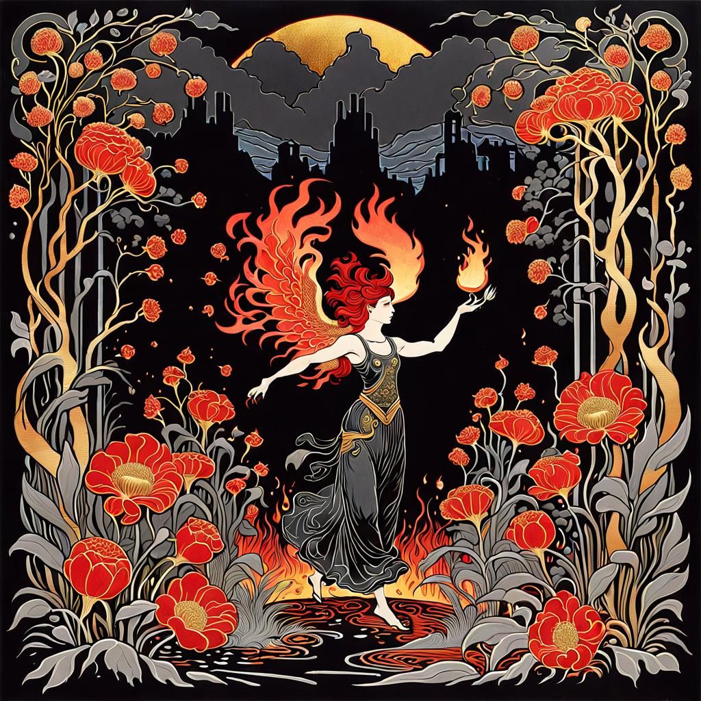 Persephone's Dramatic Garden in Hell: Art Nouveau Print
