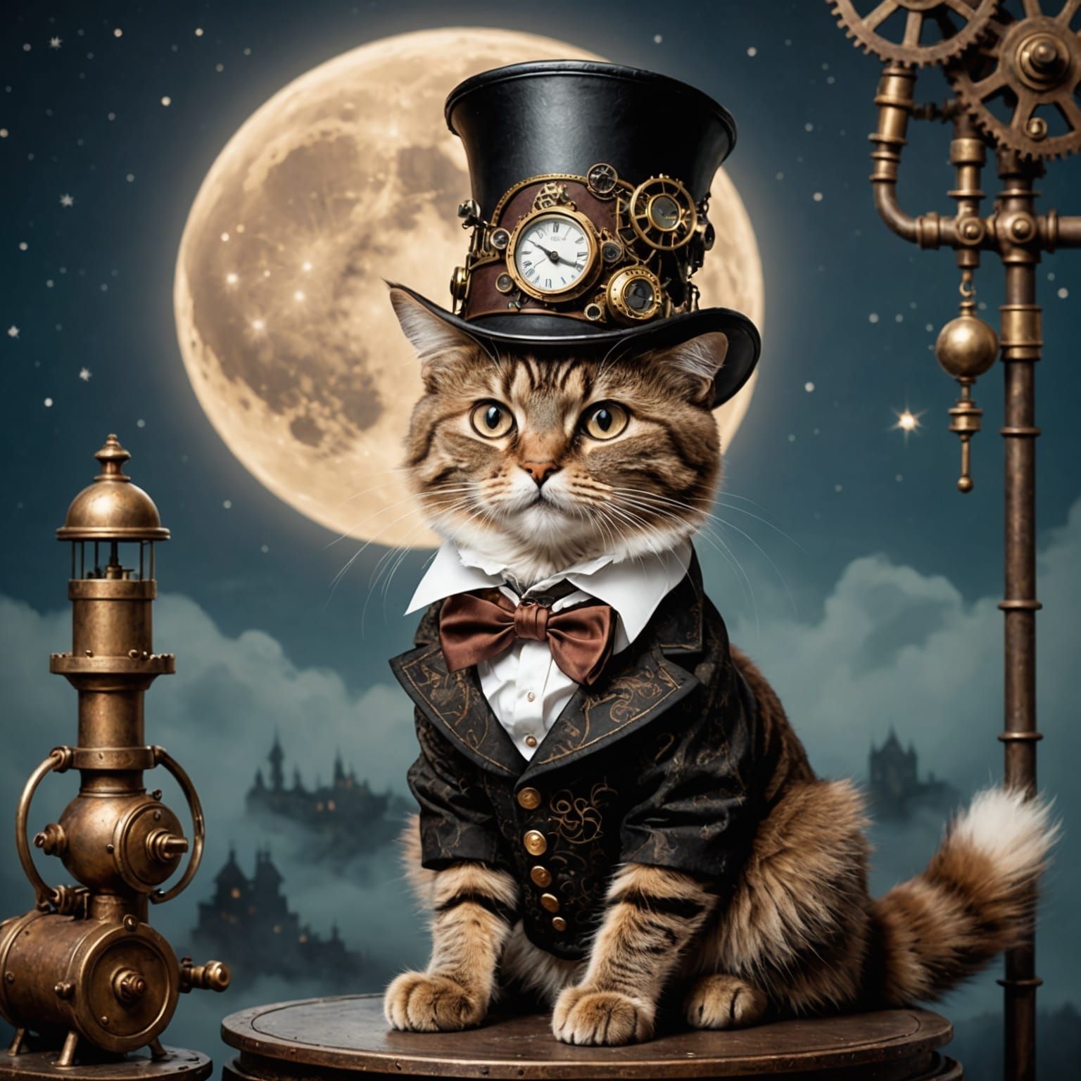 Steampunk Cat in Top Hat Before the Moon
