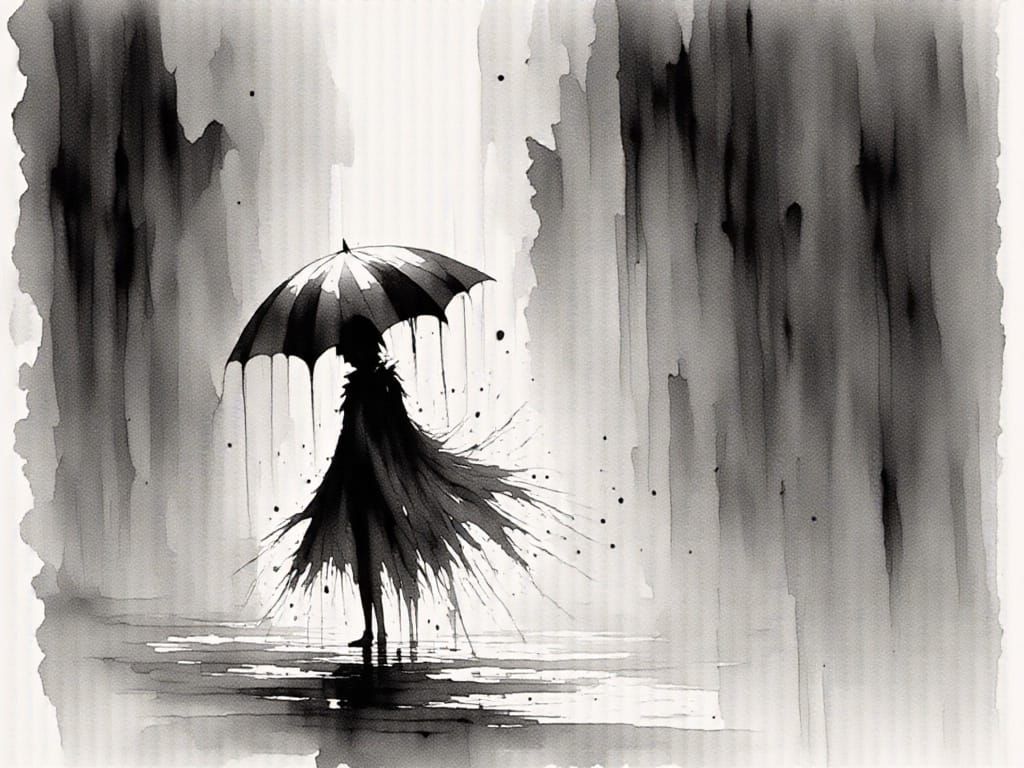 Woman with Umbrella in Rainy Watercolor