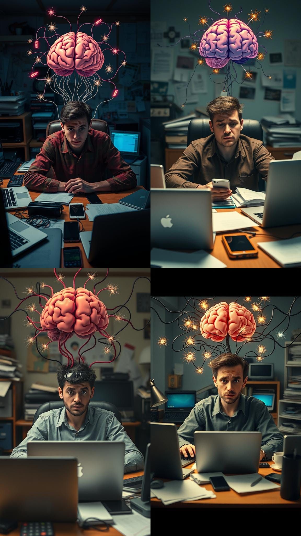 Overwhelmed by Tech: A Cinematic Still of Mental Strain