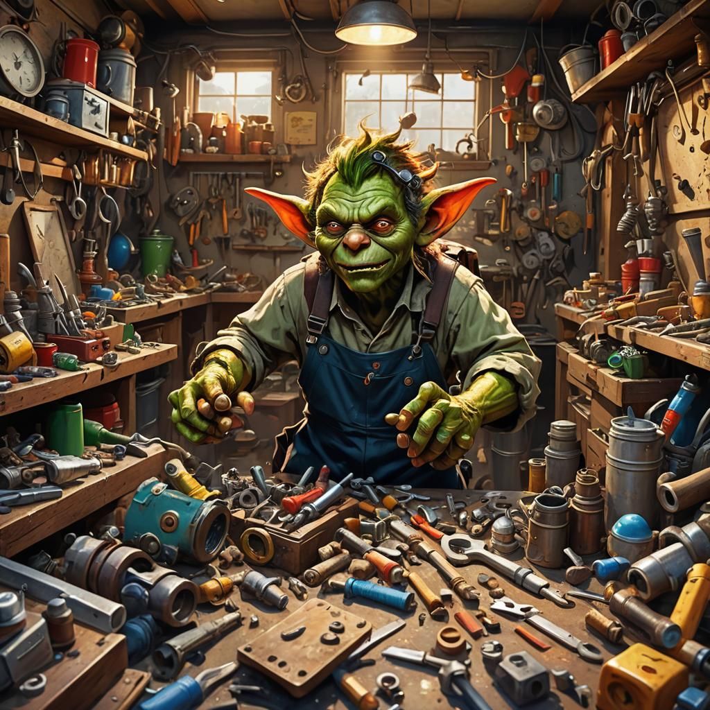 Goblin Technician Amidst Tools in Hyperrealistic Splash Art