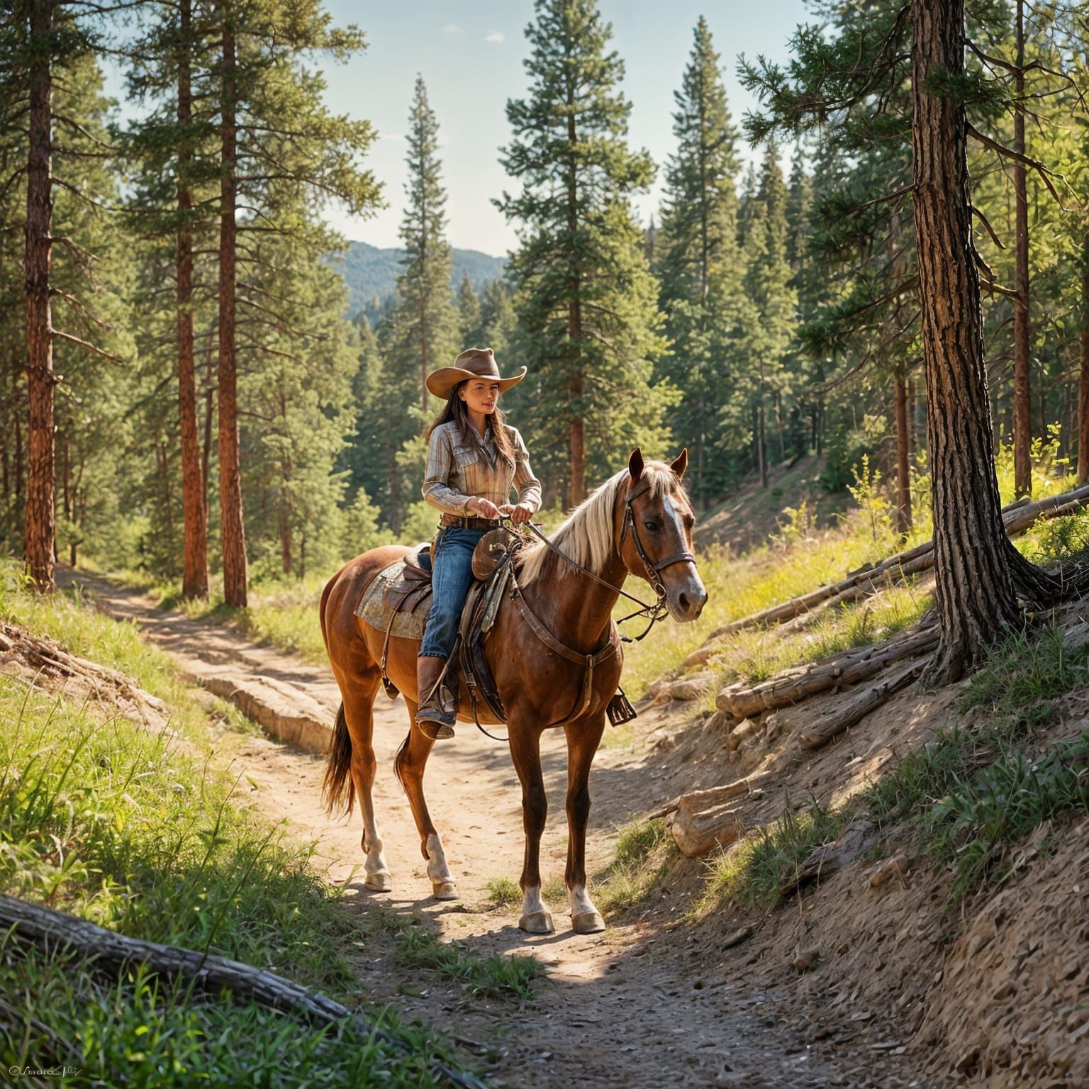 Cowgirl on Paint Horse in Woods