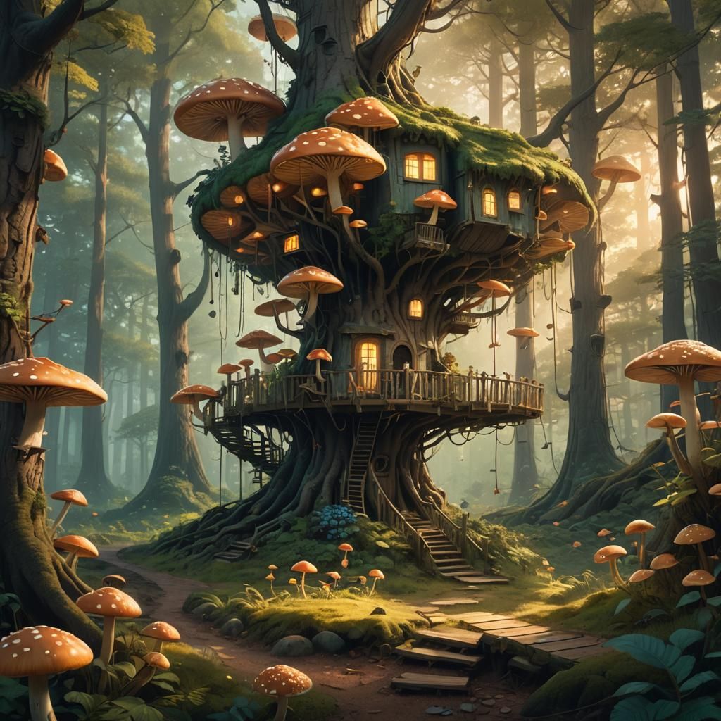 Glowing Mushroom Forest Treehouse Concept Art