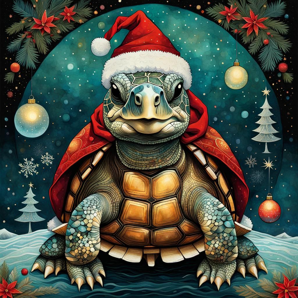 Festive Turtle Santa Claus in Whimsical Folk Art