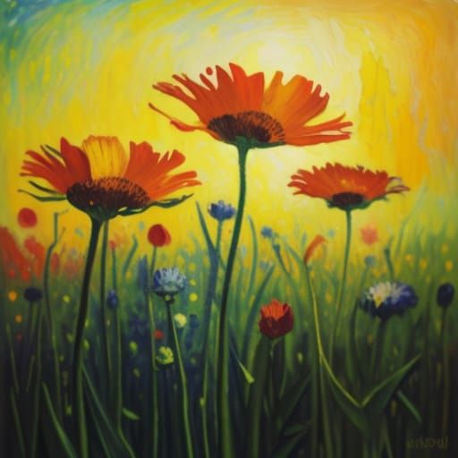 Alien in Flower Field as Impasto Oil Painting