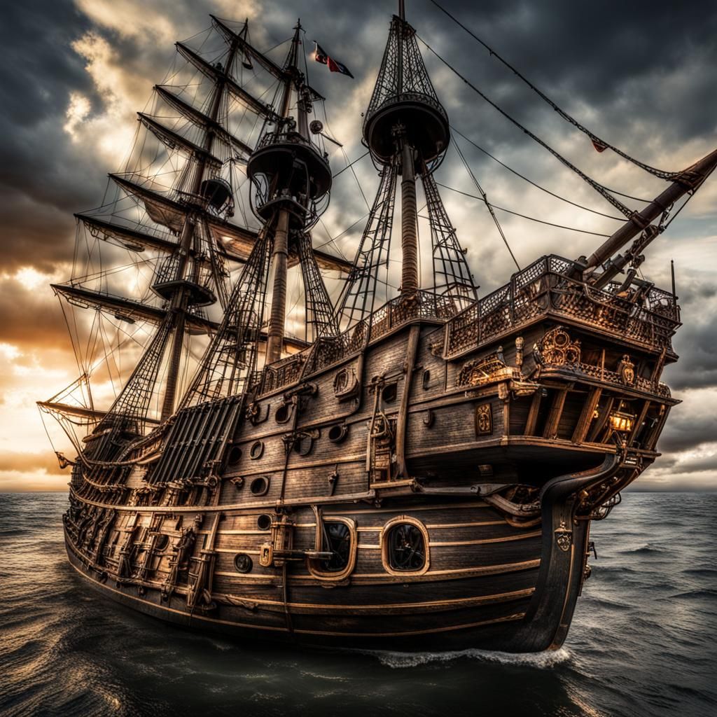 Hyperrealistic American Pirate Ship on the Ocean