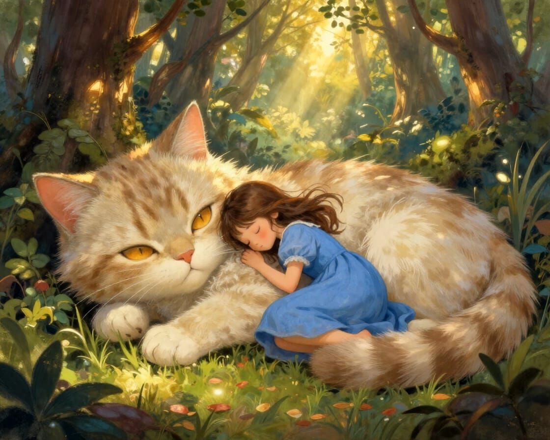 Girl Sleeps on Giant Cat in Enchanted Forest