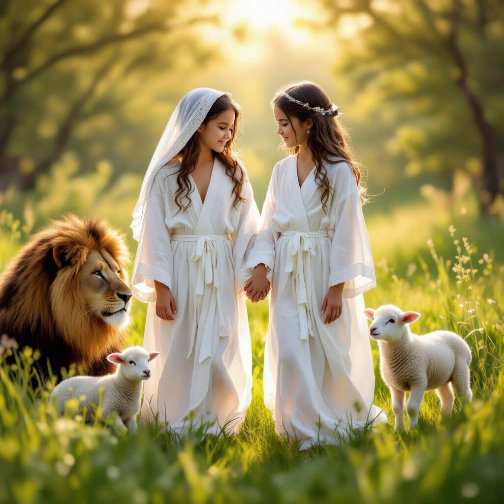 Serene Meadow Scene with Lion and Lamb