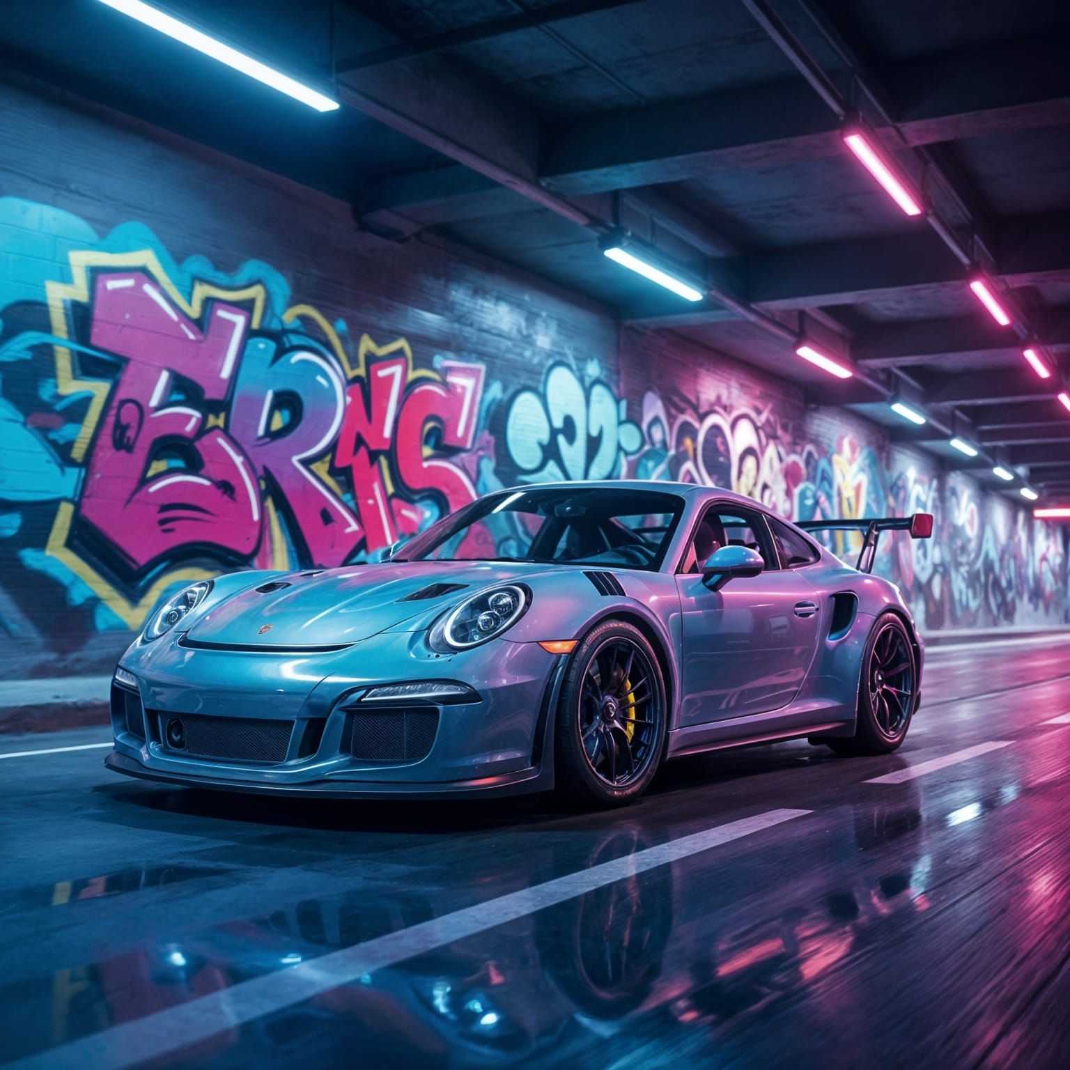 Porsche GT3RS in Graffiti Tunnel: Photorealistic Digital Art