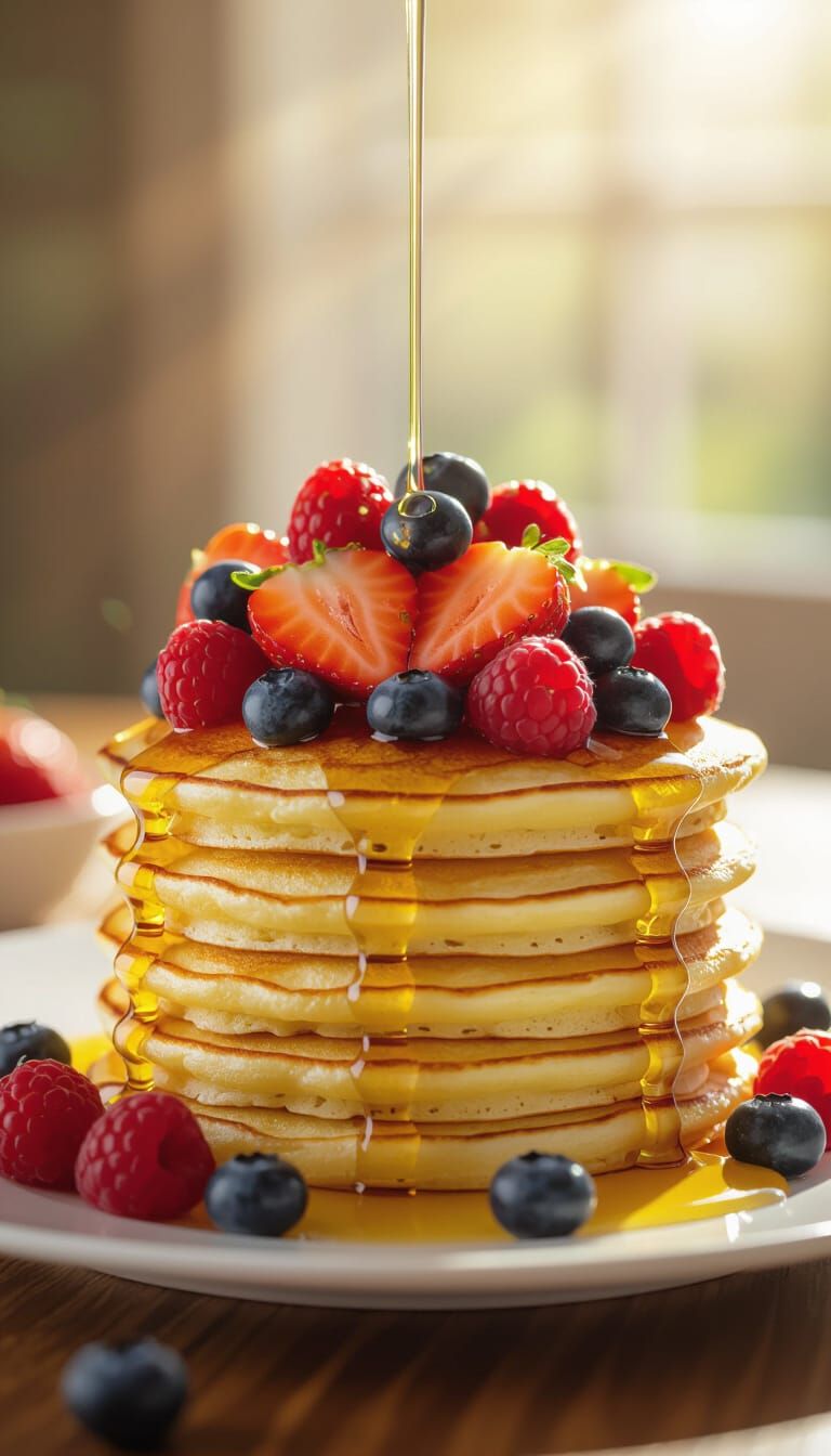 Fluffy Pancakes with Berries and Syrup, Bright Morning Light