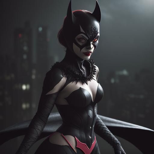 Harlequin Cosplays Bat-Woman in Hyperrealistic Style