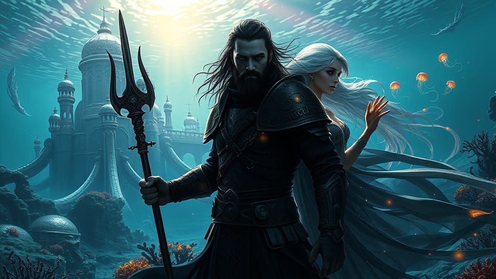 Glowing Underwater City Fantasy Art with Warrior and Sorcere...