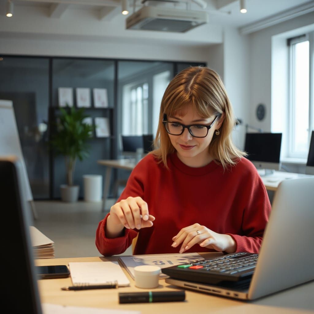 Woman Calculating Percentage in Minimalist Office