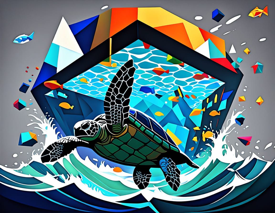 Angularist Cubist Turtle in Shifting Seas