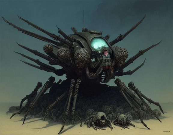 Tank-Sized Cyborg Spider in Beksinski Style