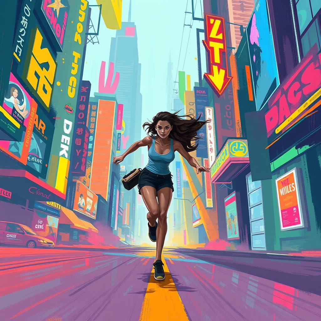 Futuristic Woman in Neon Cityscape, Cartoon Style