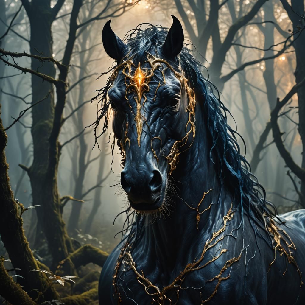Venomous Horse in Mystical Forest, Dark Fantasy Art