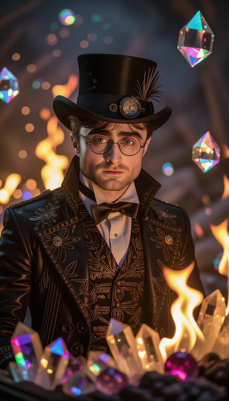 Steampunk Figure Surrounded by Crystals and Flames
