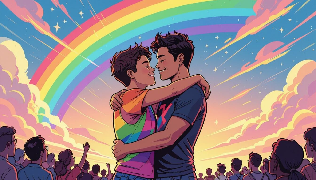 Embrace of Equality: Spandex-Kid and Charlie Under Rainbow S...