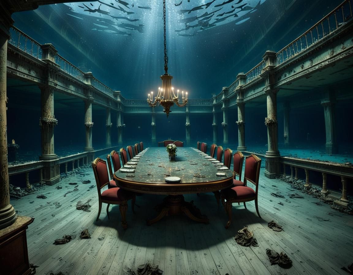 Sunken Titanic Ballroom: Haunting Underwater Scene