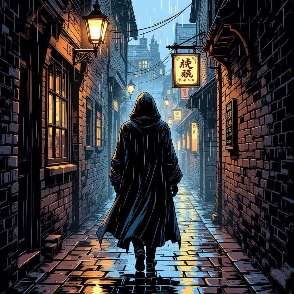 Mysterious Figure Vanishes Down Lantern-Lit Alleyway