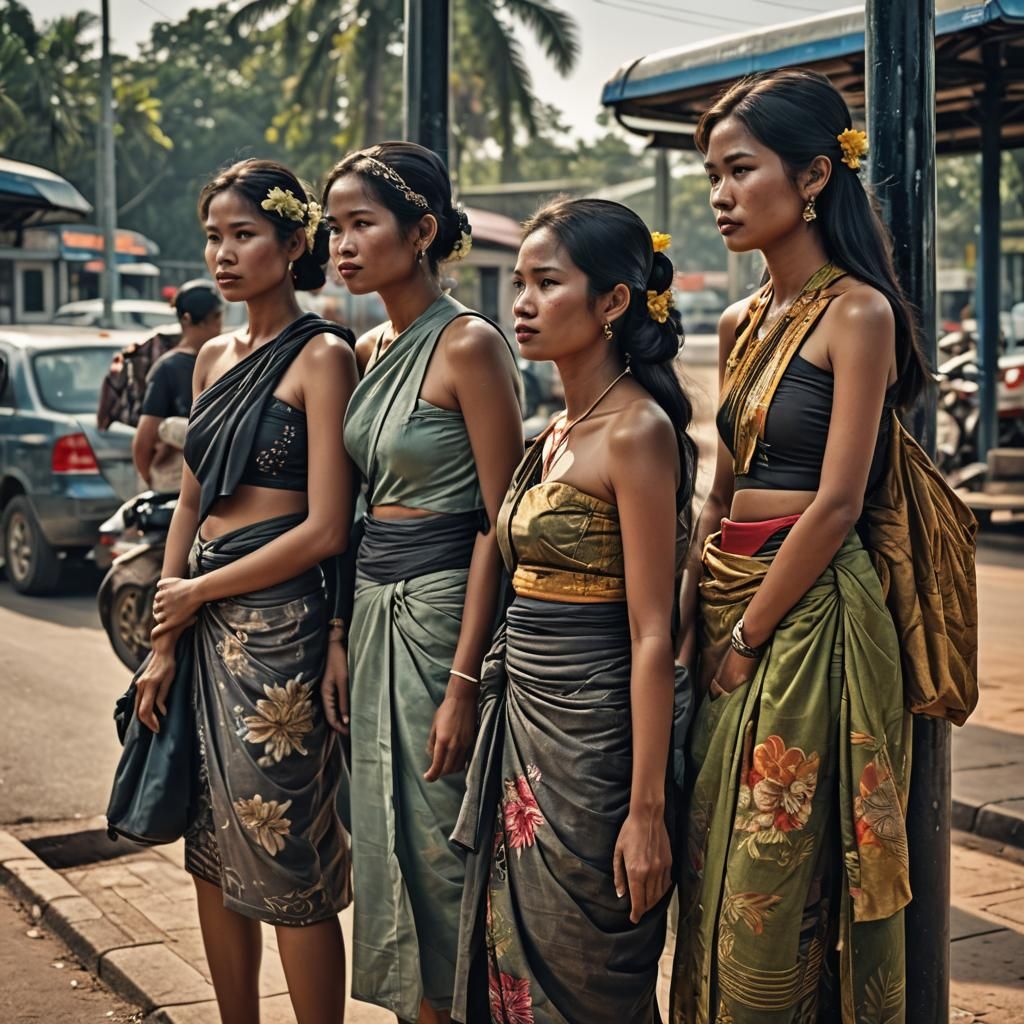 Khmer Women at Bus Stop: Hyperrealistic Image