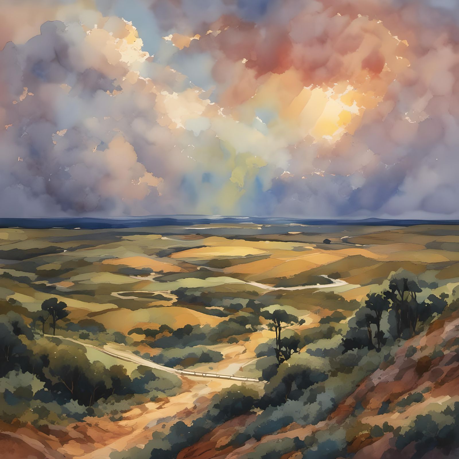 Desert Highway Lightning Storm Watercolor Illustration