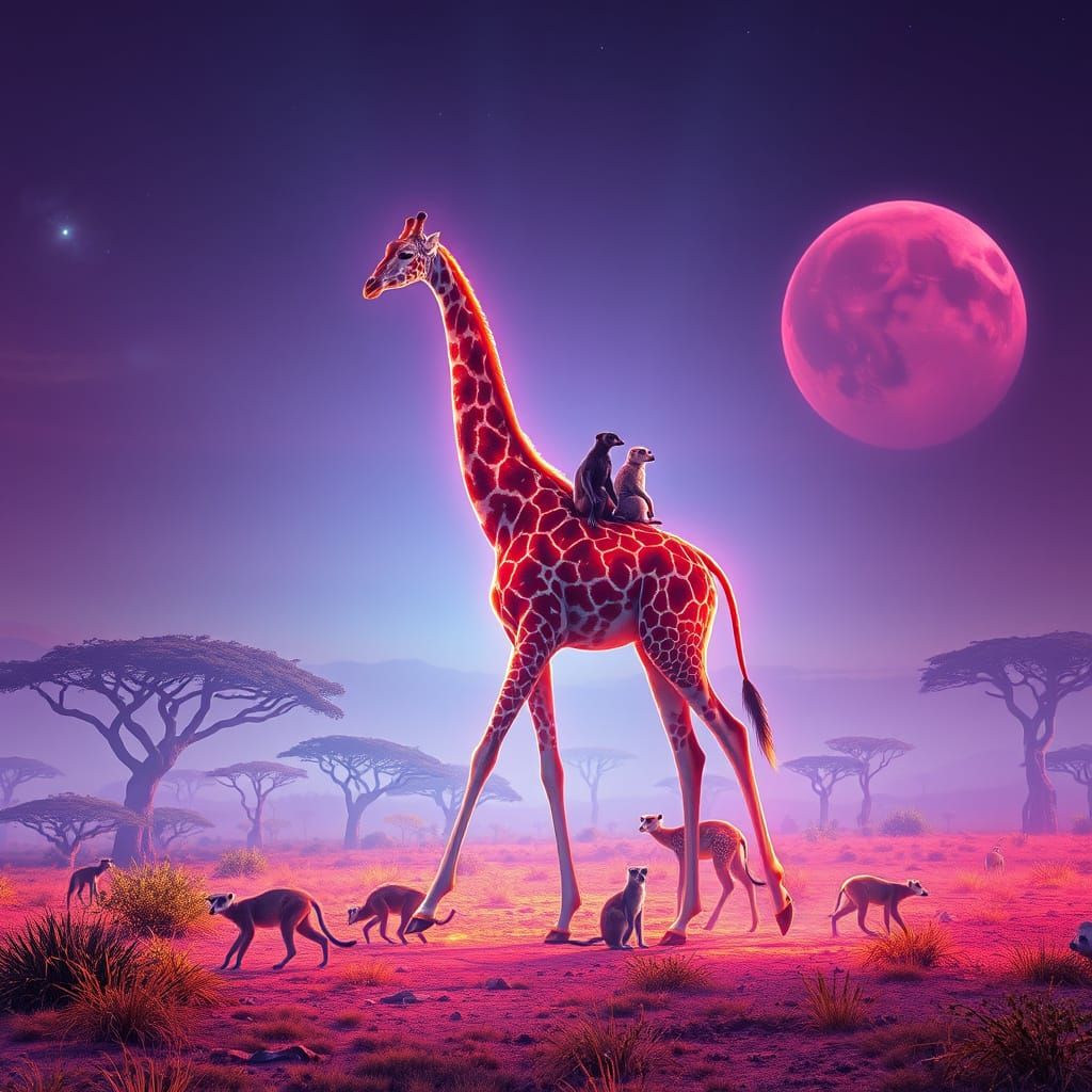 Holographic Giraffe in Futuristic Savannah with Wildlife