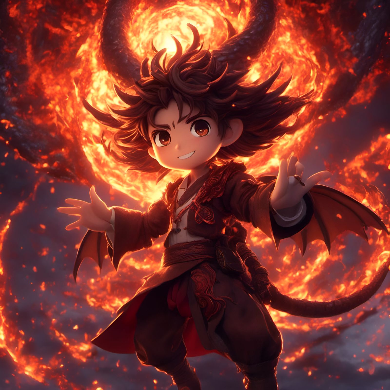 Dragon-Human Druid Conjuring Fireball in Anime Style