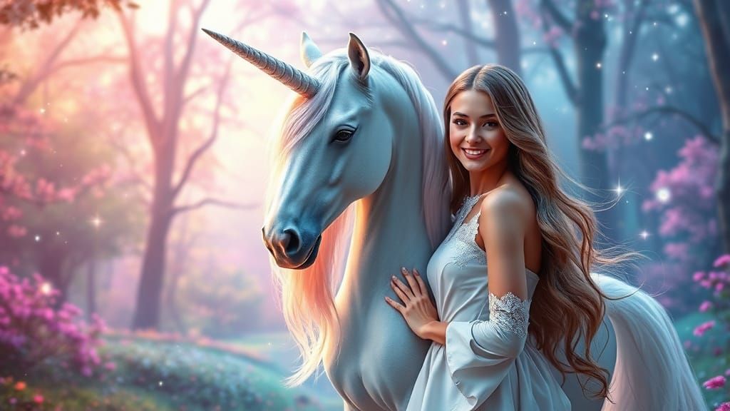 Enchanting Unicorn Beside Radiant Woman in Magical Forest