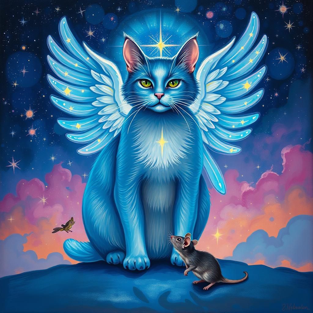 Iridescent Cosmic Cat and Tiny Mouse in Dreamlike Surrealism