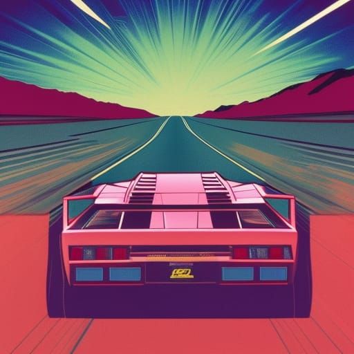 Cars Escape Rolling Rock: 80s Retrowave Movie Poster