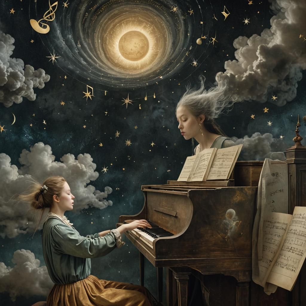 Girl Plays Piano in Space, Surreal Art