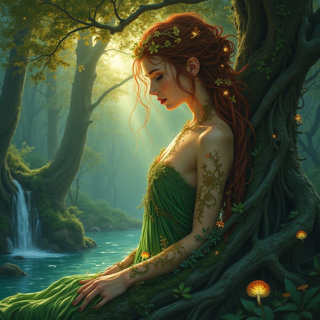 Dryad Emerge from Ancient Oak in Whimsical Woodland Scene